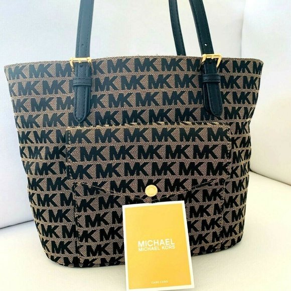 Michael Kors Monogram MK Medium Jet Set Khaki Tote - Picture 2 of 8